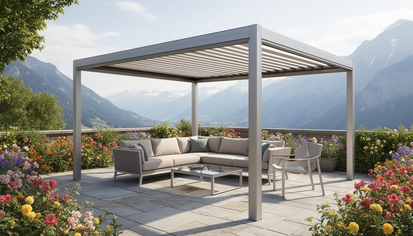 Pergola bioclimatica in alluminio su una terrazza svizzera